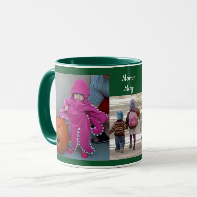 Green Personalise 3 PHOTO TEMPLATE Gift Coffee Mug (Front Left)