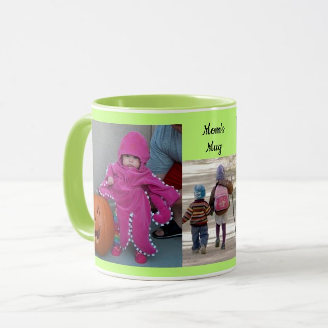 Green Personalise 3 PHOTO TEMPLATE Gift Coffee Mug (Front Left)