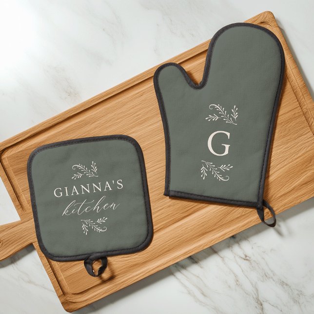 Green | Personalised Botanical Your Name's Kitchen Oven Mitt & Pot Holder Set (Creator Uploaded)