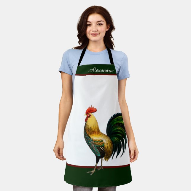 Green Personalised Colourful Rooster Chicken  Apron (Worn)