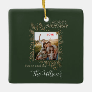 Green personalised family photo name ceramic ornament