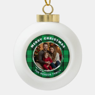 Green Personalised Family Photo Plaid Pattern Ceramic Ball Christmas Ornament