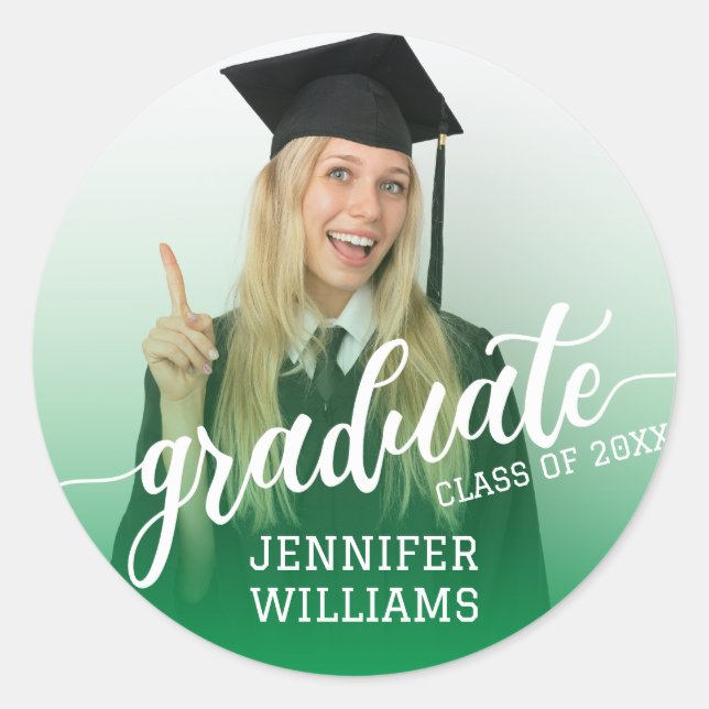 Green Personalised Graduation Photo Graduate Party Classic Round Sticker (Front)