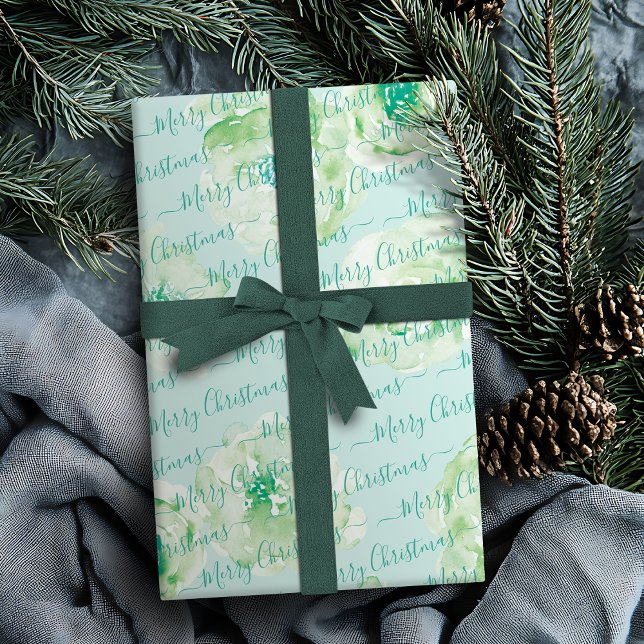 Green Personalised Merry Christmas Script Floral Wrapping Paper (Green Personalized Merry Christmas Script Floral Wrapping Paper)