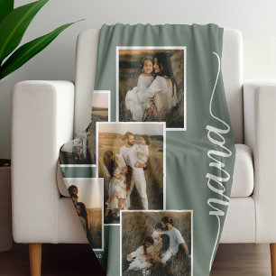 Green Personalised Nana Grandkid 5 Photo Collage Fleece Blanket