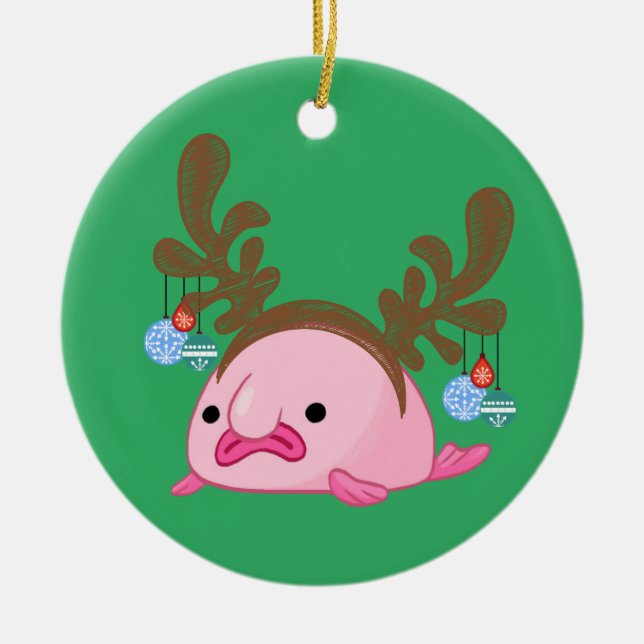 Green Personalised Reindeer Blobfish Ceramic Tree Decoration (Front)