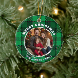 Green Personalized Family Photo Plaid Pattern  Ceramic Tree Decoration
