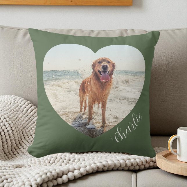 Green Pet Heart Photo Script Cute Personalised Dog Cushion (Green Pet Heart Photo Script Cute Personalized Dog Throw Pillow)