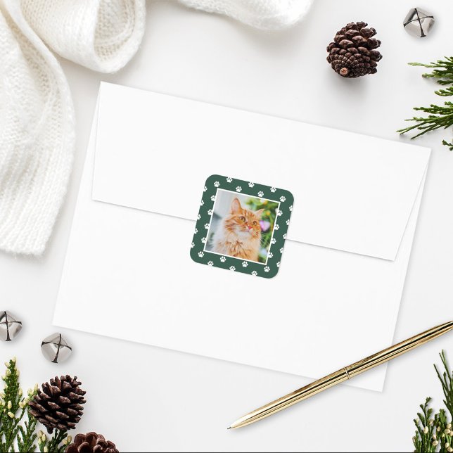 Green Pet Paw Print Pattern Holiday Photo Square Sticker (Creator Uploaded)