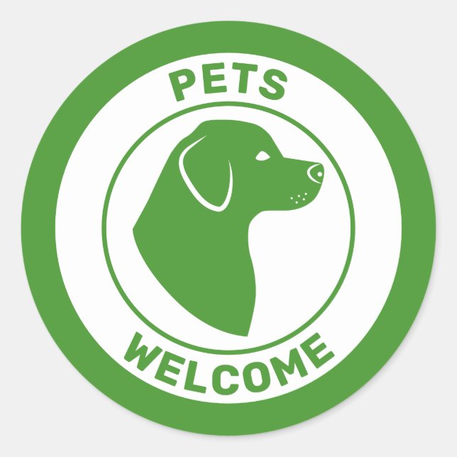 Green Pets Welcome With Cute Dog Head Silhouette Classic Round Sticker (Front)