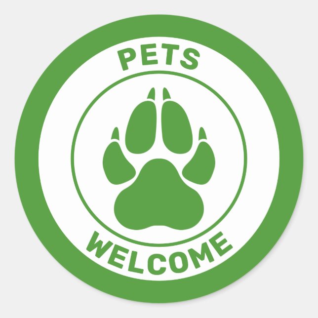Green Pets Welcome With Cute Dog Paw Silhouette Classic Round Sticker (Front)