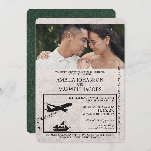 Green Philippines Passport Wedding Invitation (Front/Back)