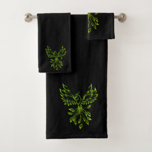 Green Phoenix Rises on Black Bath Towel Set