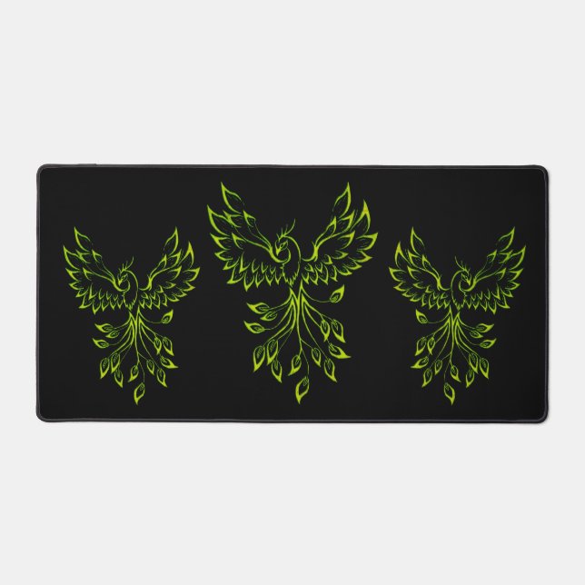 Green Phoenix Rises on Black  Desk Mat (Front)