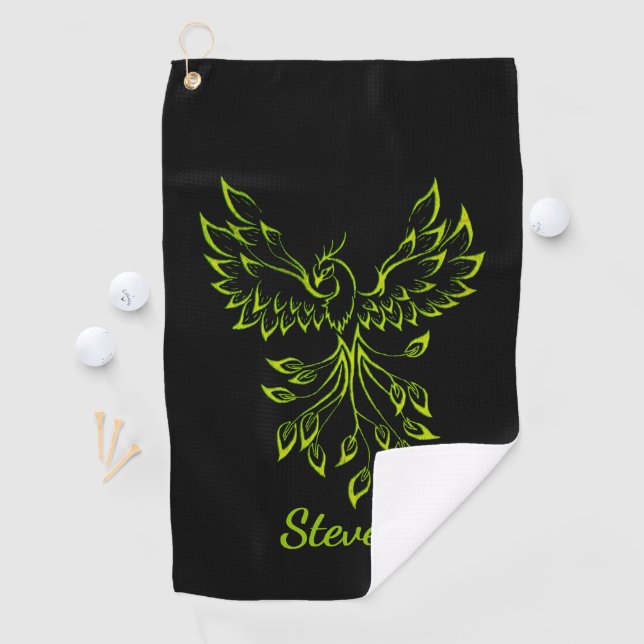 Green Phoenix Rises on Black  Golf Towel (InSitu)