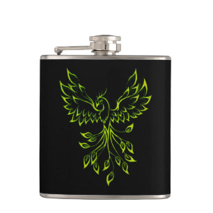 Green Phoenix Rises on Black Hip Flask