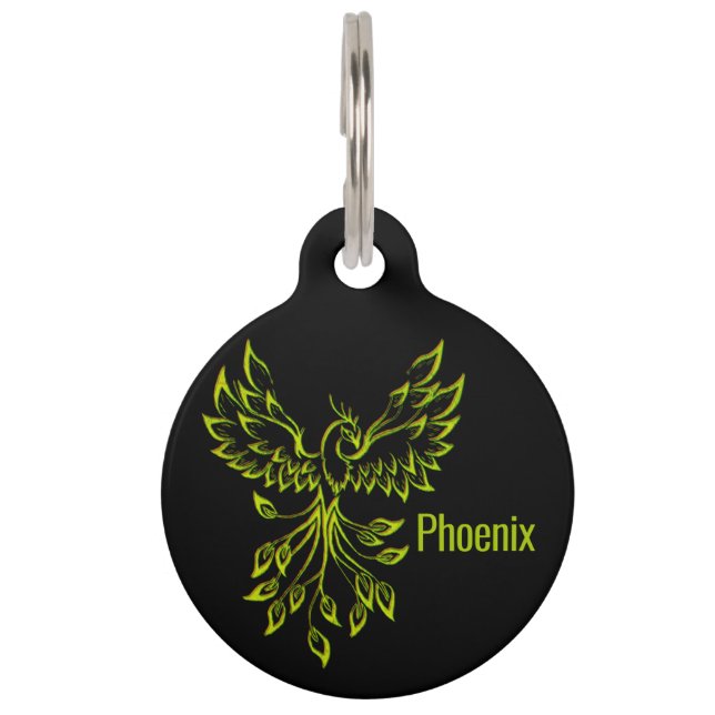 Green Phoenix Rises on Black  Pet ID Tag (Front)