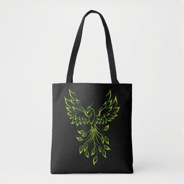 Green Phoenix Rises on Black  Tote Bag (Front)