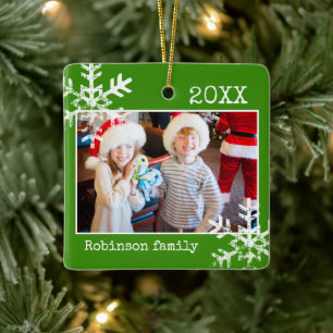 Green Photo Border White Snowflakes Holiday Ceramic Ornament