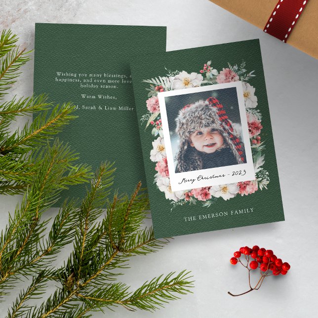 Green Photo Botanical Christmas Card (Red Merry Christmas Photo Holiday Card with Elegant Watercolor Botanical Florals Berries)