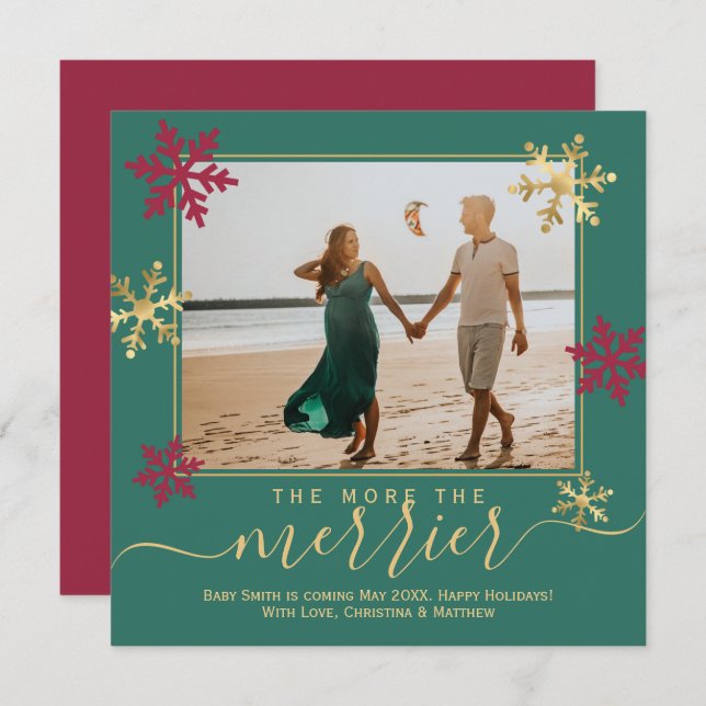 Green Photo Christmas Pregnancy Announcement Card (Front/Back)