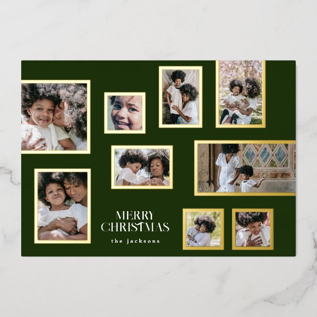 Green Photo Collage Modern Merry Christmas Gold Foil Holiday Card (Front)