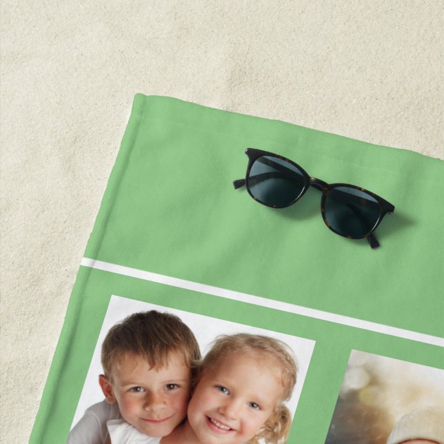 Green photo collage monogram script beach towel (In Situ)