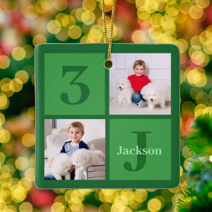 Green Photo Collage Personalized Kids Christmas Ceramic Ornament