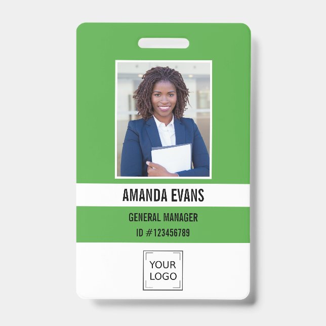 Green | Photo Employee Logo or QR CODE Security ID Badge (Front)