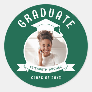 Green Photo Graduation Classic Round Sticker