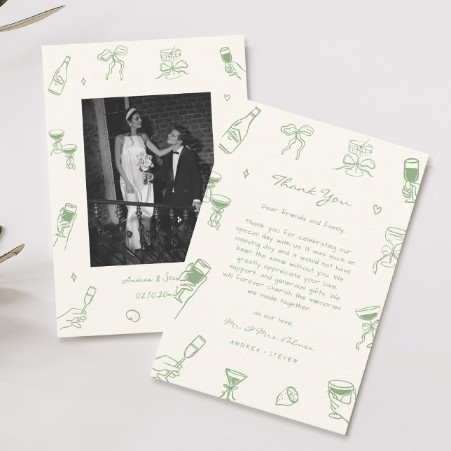 Green Photo Hand Drawn Wedding  Thank You Card (Creator Uploaded)