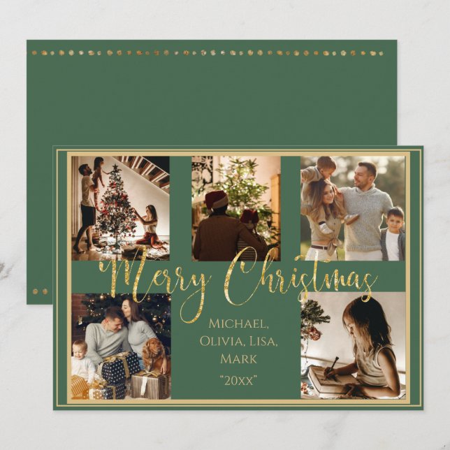 Green Photo Merry Christmas Gold Script Holiday Card (Front/Back)