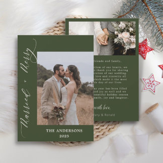 Green Photo Merry Married Script Wedding Christmas Thank You Card