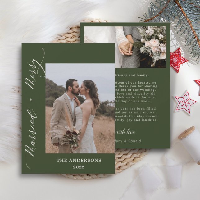 Green Photo Merry Married Script Wedding Christmas Thank You Card (Creator Uploaded)
