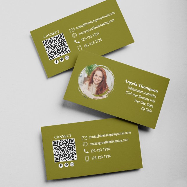 Green Photo QR Code Social Media Business Card (Green modern business card design with simple qr code template.)