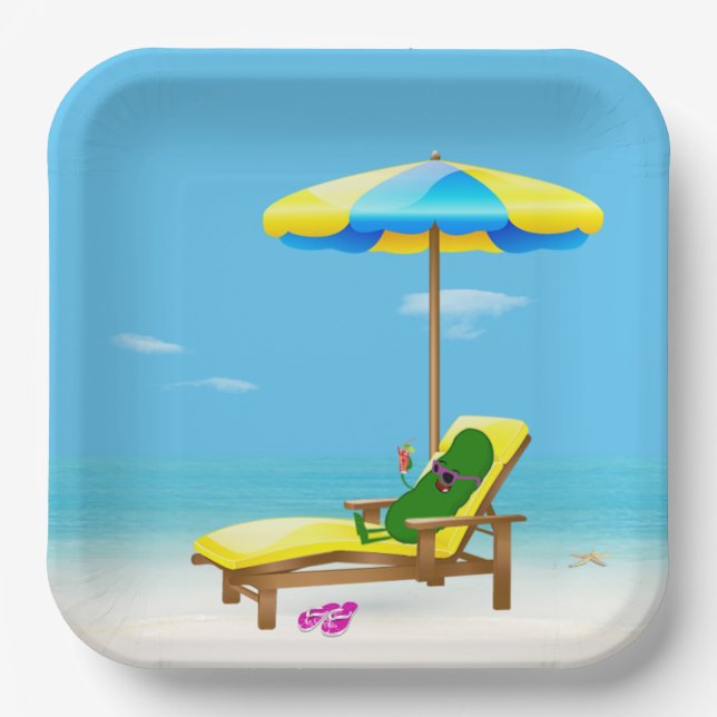 Green Pickle On Beach Chair Paper Plate (Front)