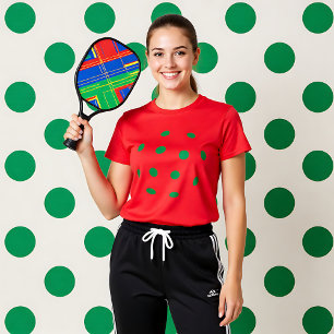 Green pickleball holes on red T-Shirt