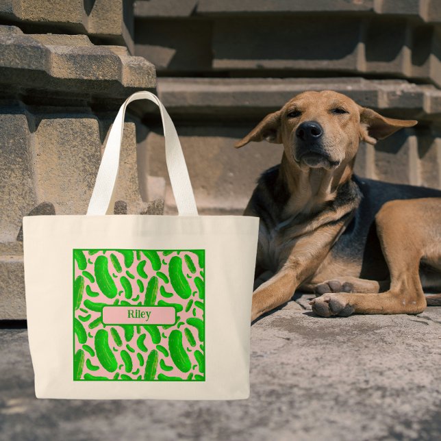 Green Pickles on Soft Pink Background Large Tote Bag (Creator Uploaded)