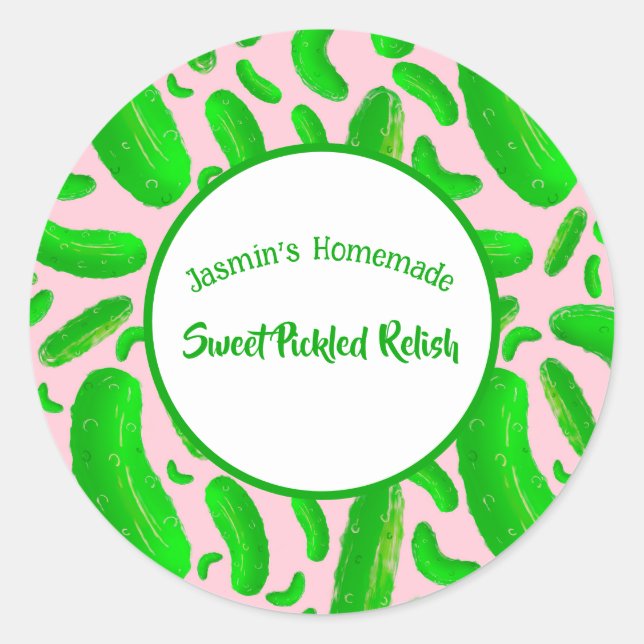 Green Pickles Pink Background Classic Round Sticker (Front)