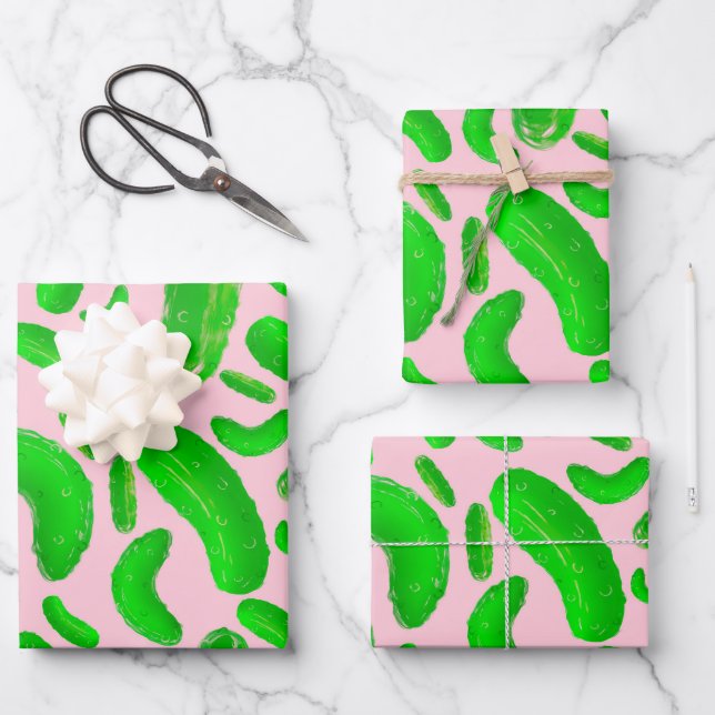 Green Pickles Pink Background Wrapping Paper Sheet (Front)