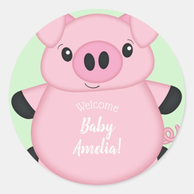 Green Pig Baby Shower Classic Round Sticker (Front)