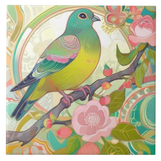 Green Pigeon Bird Pink Floral Spring Flowers Aqua Tile (Front)