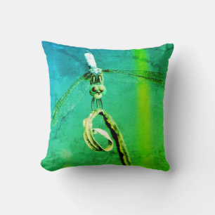 Green Pillow blue teal eyes dragonfly,