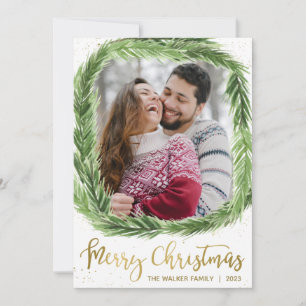 Green Pine and Gold Foil Photo Christmas Cards