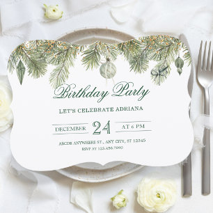 Green pine branch birthday invitation