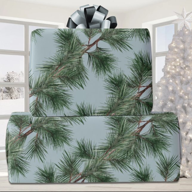Green Pine Branch Garlands Winter Dusty Blue Wrapping Paper (Creator Uploaded)