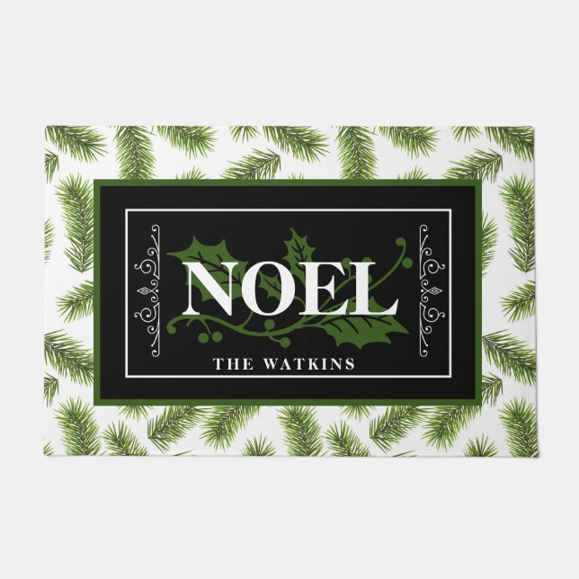 Green Pine Branches, NOEL, Personalised Christmas Doormat (Front)