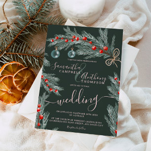 Green pine Christmas winter photo wedding Invitation