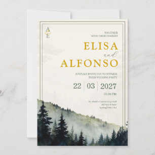 Green Pine Classic Watercolor Monogram Wedding  Invitation