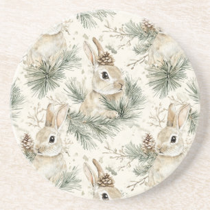 Green Pine Cones Bunny Rabbits Christmas Coaster